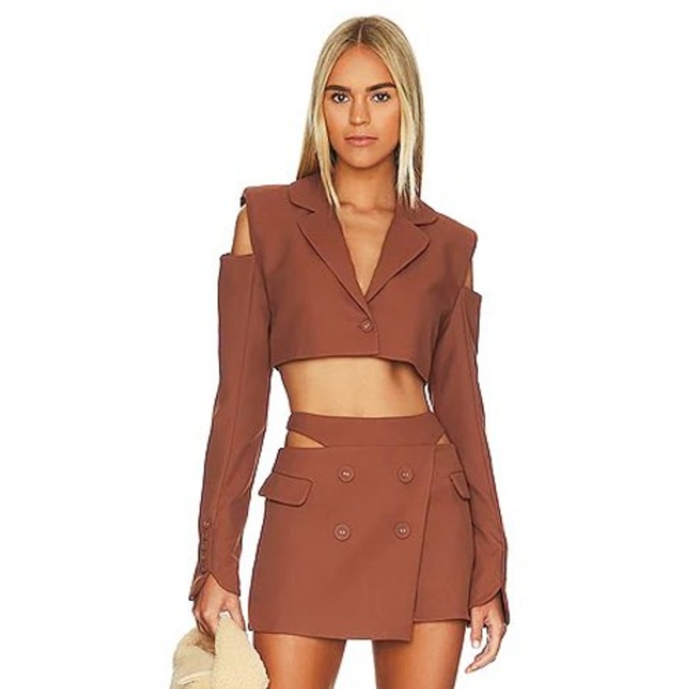 For Love & Lemons Alysa Brown Cold Shoulder Crop Blazer and Mini Skirt Set M
